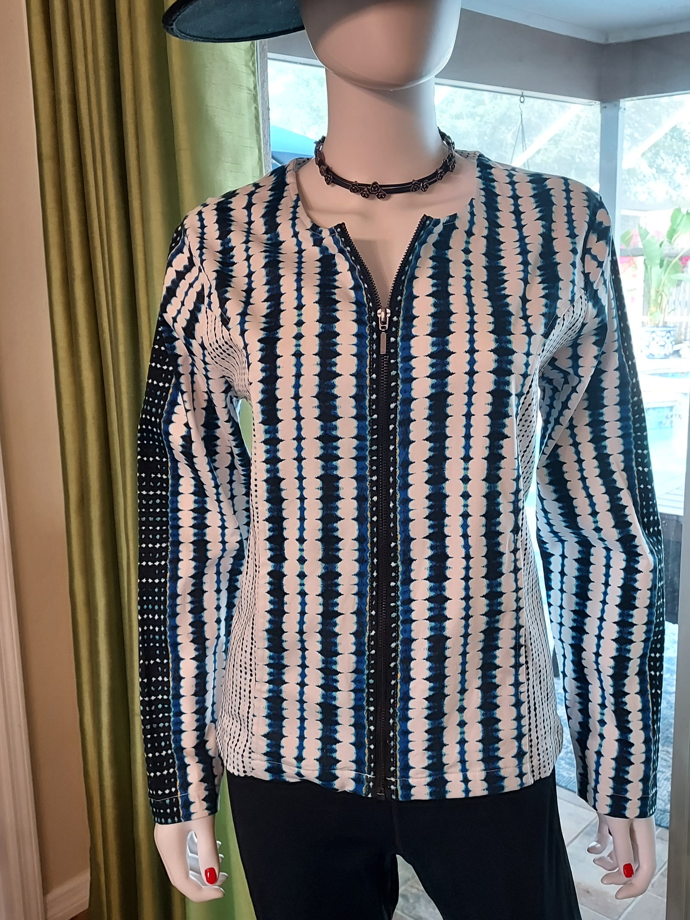 Blue & White Zip-Front Geo Tie-Dye Pattered Jacket Cotton/Span: Sz. M